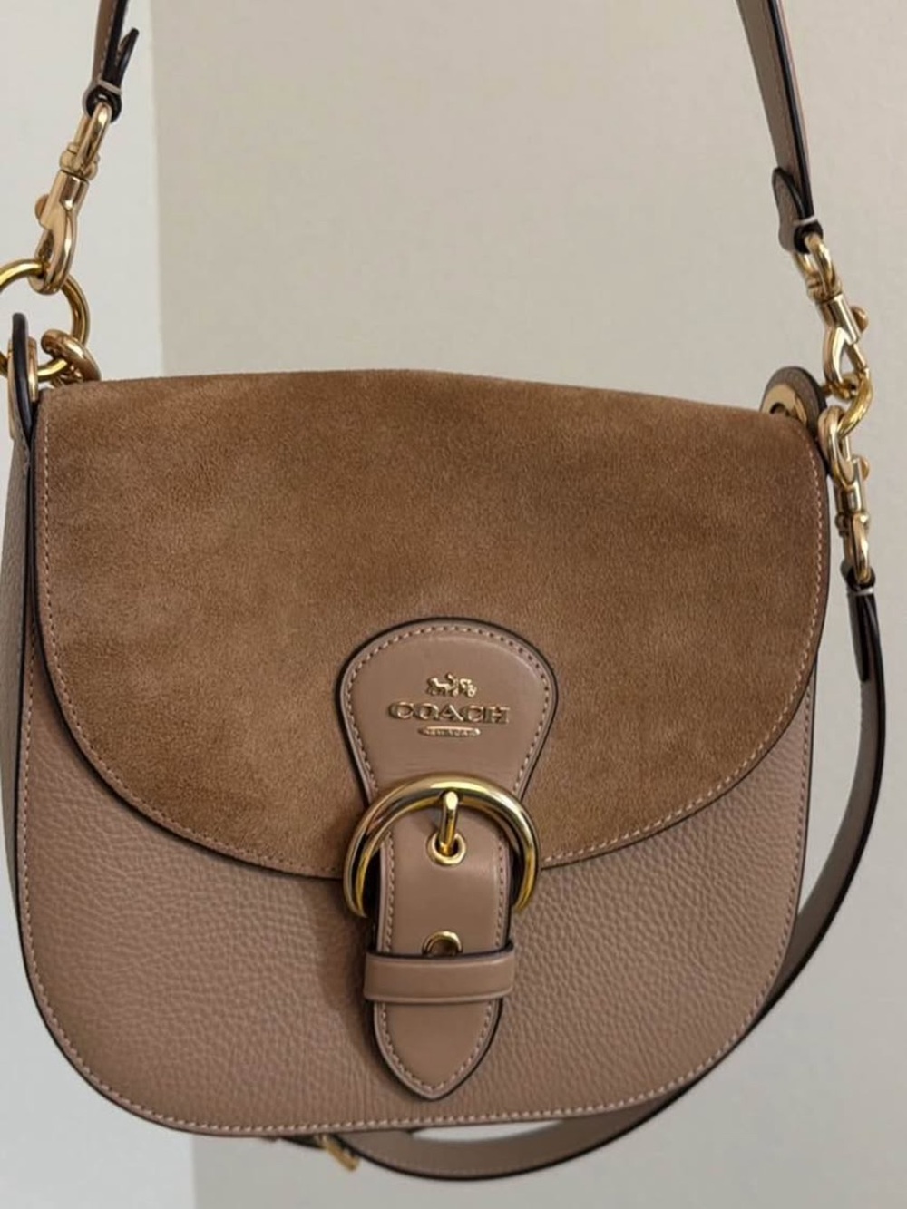 Coach Taupe Suede and Pebbled Leather Saddle Crossbody